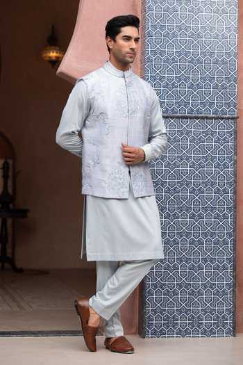 Design O Stitch_Sky Blue Embroidery Opal Mist Bundi Set _Online_at_Aza_Fashions