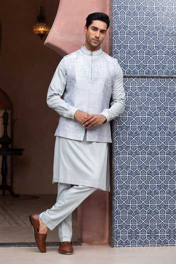 Buy_Design O Stitch_Sky Blue Embroidery Opal Mist Bundi Set _Online_at_Aza_Fashions