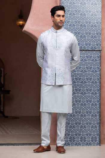 Shop_Design O Stitch_Sky Blue Embroidery Opal Mist Bundi Set _Online_at_Aza_Fashions