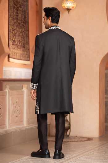 Shop_Design O Stitch_Black Suiting Embroidery Sherwani Jacket Set _at_Aza_Fashions