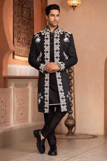 Buy_Design O Stitch_Black Suiting Embroidery Sherwani Jacket Set _at_Aza_Fashions