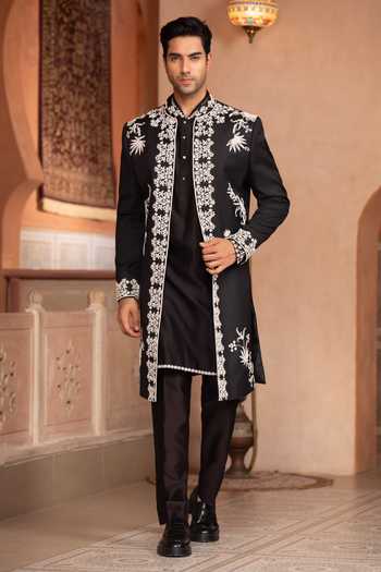 Design O Stitch_Black Suiting Embroidery Sherwani Jacket Set _Online_at_Aza_Fashions
