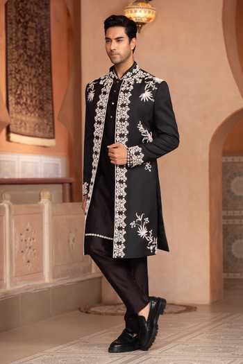 Design O Stitch_Black Suiting Embroidery Sherwani Jacket Set _at_Aza_Fashions