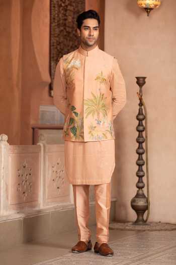 Design O Stitch_Peach Silk Embroidery Bundi Kurta Set _Online_at_Aza_Fashions