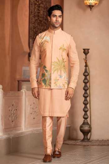 Buy_Design O Stitch_Peach Silk Embroidery Bundi Kurta Set _at_Aza_Fashions