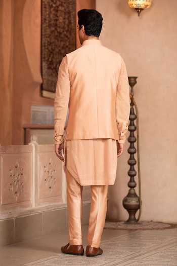 Shop_Design O Stitch_Peach Silk Embroidery Bundi Kurta Set _at_Aza_Fashions