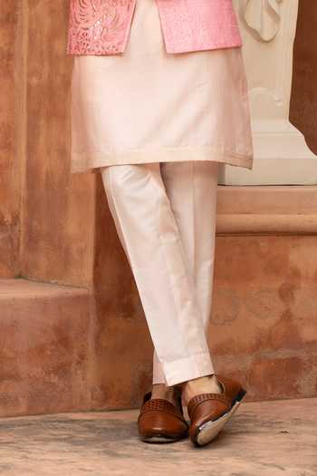 Design O Stitch_Pink Chanderi Silk Leatherwork Nehru Jacket Set _Online_at_Aza_Fashions