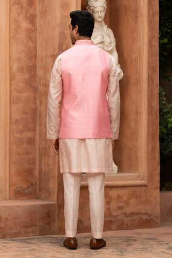 Shop_Design O Stitch_Pink Chanderi Silk Leatherwork Nehru Jacket Set _at_Aza_Fashions