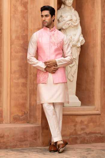 Buy_Design O Stitch_Pink Chanderi Silk Leatherwork Nehru Jacket Set _at_Aza_Fashions