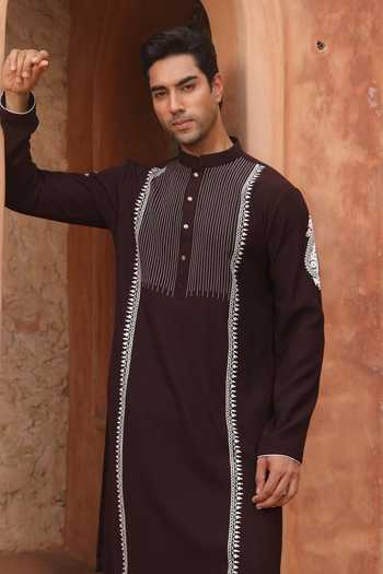 Buy_Design O Stitch_Brown Suiting Embroidery Cocoa Vine Kurta Set _Online_at_Aza_Fashions