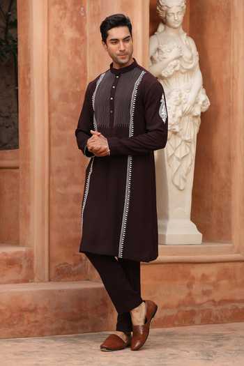 Shop_Design O Stitch_Brown Suiting Embroidery Cocoa Vine Kurta Set _Online_at_Aza_Fashions