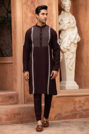 Shop_Design O Stitch_Brown Suiting Embroidery Cocoa Vine Kurta Set _at_Aza_Fashions