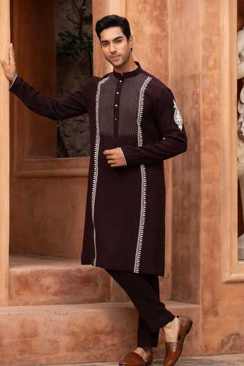 Buy_Design O Stitch_Brown Suiting Embroidery Cocoa Vine Kurta Set _at_Aza_Fashions