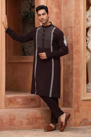 Design O Stitch_Brown Suiting Embroidery Cocoa Vine Kurta Set _at_Aza_Fashions