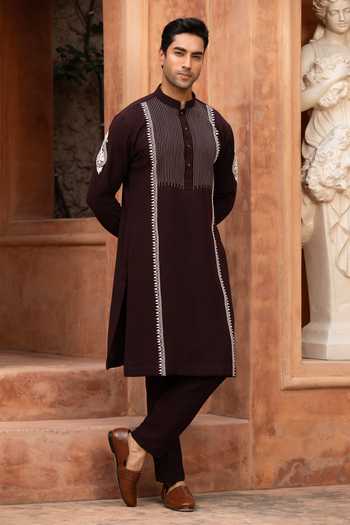 Buy_Design O Stitch_Brown Suiting Embroidery Cocoa Vine Kurta Set 