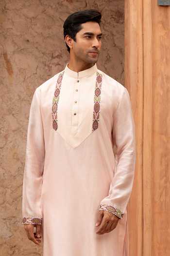 Buy_Design O Stitch_Pink Silk Embroidery Kurta And Pant Set _Online_at_Aza_Fashions