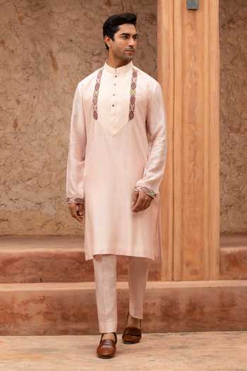 Buy_Design O Stitch_Pink Silk Embroidery Kurta And Pant Set _at_Aza_Fashions