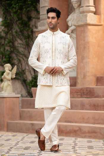 Buy_Design O Stitch_Pink Silk Embroidery Nehru Jacket Set _at_Aza_Fashions