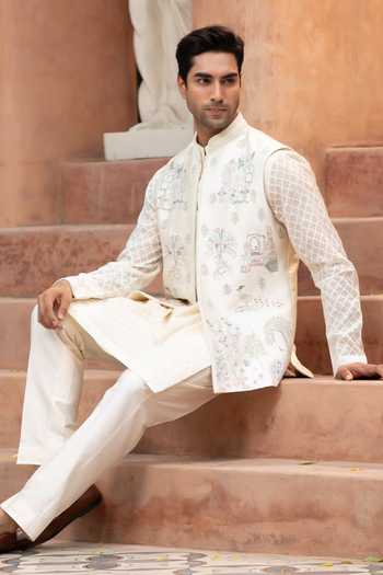 Shop_Design O Stitch_Pink Silk Embroidery Nehru Jacket Set _Online_at_Aza_Fashions