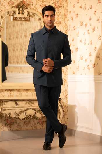 Buy_Design O Stitch_Teal Suiting Midnight Regal Set _at_Aza_Fashions