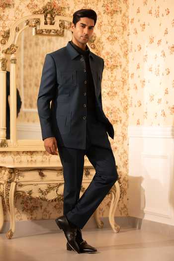 Shop_Design O Stitch_Teal Suiting Midnight Regal Set _at_Aza_Fashions