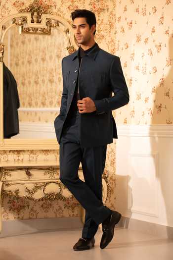 Shop_Design O Stitch_Teal Suiting Midnight Regal Set _Online_at_Aza_Fashions