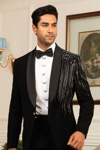Design O Stitch_Black Suiting Sequins Royale Embroiderd Tuxedo _Online_at_Aza_Fashions