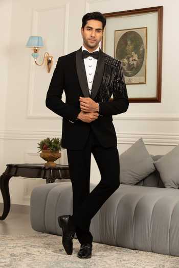 Buy_Design O Stitch_Black Suiting Sequins Royale Embroiderd Tuxedo _at_Aza_Fashions