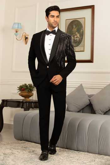 Buy_Design O Stitch_Black Suiting Sequins Royale Embroiderd Tuxedo _Online_at_Aza_Fashions