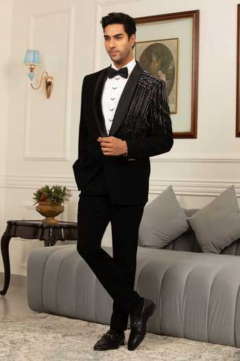 Shop_Design O Stitch_Black Suiting Sequins Royale Embroiderd Tuxedo _Online_at_Aza_Fashions