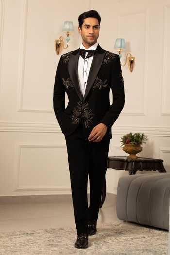 Design O Stitch_Black Suiting Embroidery Tuxedo And Pant Set _Online_at_Aza_Fashions