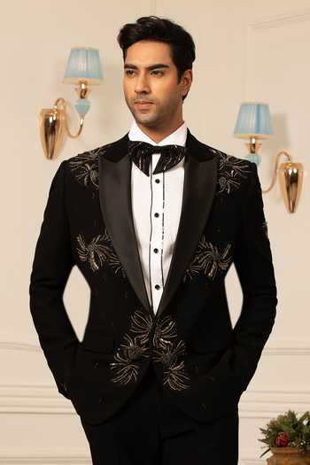 Shop_Design O Stitch_Black Suiting Embroidery Tuxedo And Pant Set _Online_at_Aza_Fashions