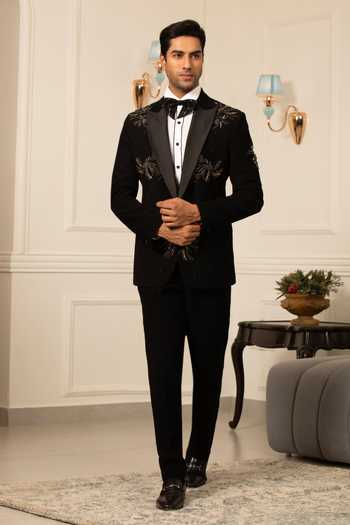 Design O Stitch_Black Suiting Embroidery Tuxedo And Pant Set _at_Aza_Fashions