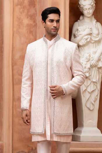 Shop_Design O Stitch_Ivory Embroidery, Mirrors Sequin Sherwani Set _Online_at_Aza_Fashions