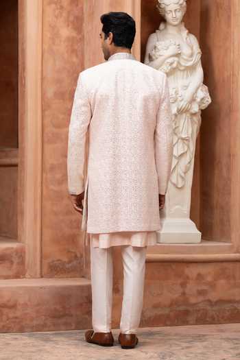 Shop_Design O Stitch_Ivory Embroidery, Mirrors Sequin Sherwani Set _at_Aza_Fashions