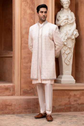 Buy_Design O Stitch_Ivory Embroidery, Mirrors Sequin Sherwani Set 
