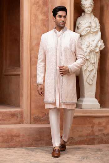 Buy_Design O Stitch_Ivory Embroidery, Mirrors Sequin Sherwani Set _at_Aza_Fashions