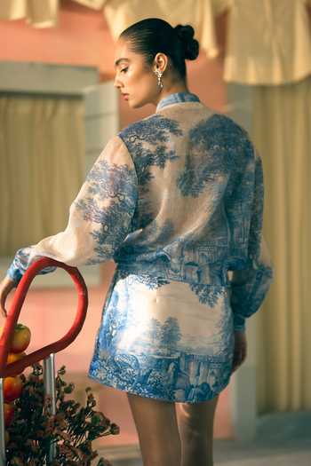 Shop_Pankaj & Nidhi_Blue Linen, Lurex Embroidery, Fabric Flowers Porto Tonal Terrazzo Bomber Jacket _at_Aza_Fashions
