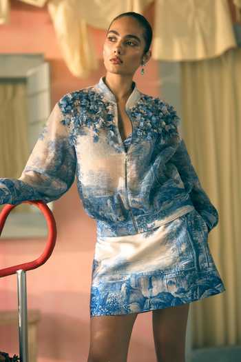 Pankaj & Nidhi_Blue Linen, Lurex Embroidery, Fabric Flowers Porto Tonal Terrazzo Bomber Jacket _Online_at_Aza_Fashions