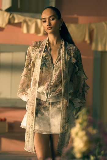 Buy_Pankaj & Nidhi_Multi Color Organza, Viscose Applique, Porto Cathedral Print Bomber Jacket _at_Aza_Fashions