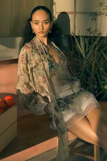 Pankaj & Nidhi_Multi Color Organza, Viscose Applique, Porto Cathedral Print Bomber Jacket _Online_at_Aza_Fashions