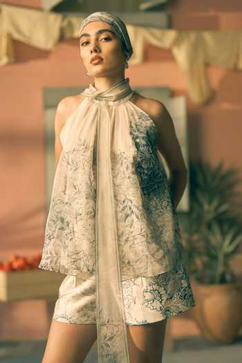 Pankaj & Nidhi_Green Twill Halter Neck Porta Azure Altar Top _Online_at_Aza_Fashions
