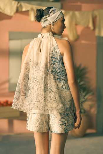 Shop_Pankaj & Nidhi_Green Twill Halter Neck Porta Azure Altar Top _at_Aza_Fashions