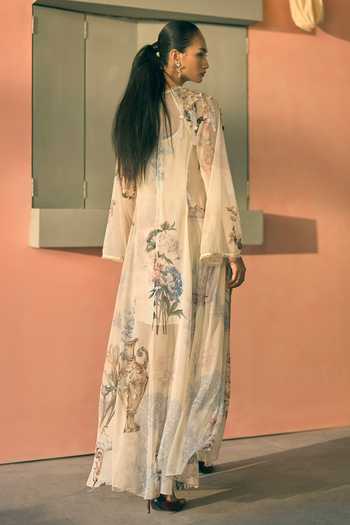 Shop_Pankaj & Nidhi_Yellow Chiffon Beads, Applique, Fabric Flowers V-neck Floral Print Maxi Dress _at_Aza_Fashions