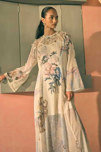 Pankaj & Nidhi_Yellow Chiffon Beads, Applique, Fabric Flowers V-neck Floral Print Maxi Dress _Online_at_Aza_Fashions