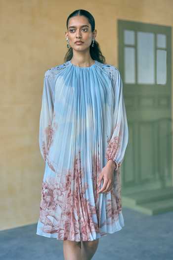 Pankaj & Nidhi_Blue Chiffon Beads High Neck Landscape Placement Print Dress _Online_at_Aza_Fashions