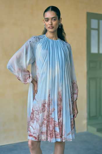 Buy_Pankaj & Nidhi_Blue Chiffon Beads High Neck Landscape Placement Print Dress _at_Aza_Fashions