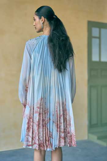Shop_Pankaj & Nidhi_Blue Chiffon Beads High Neck Landscape Placement Print Dress _at_Aza_Fashions