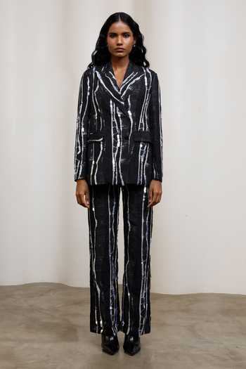 Advait_Black Chiffon, Lurex Sequins Notched Neck Rei Abstract Print Blazer Set _Online_at_Aza_Fashions