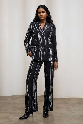 Buy_Advait_Black Chiffon, Lurex Sequins Notched Neck Rei Abstract Print Blazer Set _at_Aza_Fashions